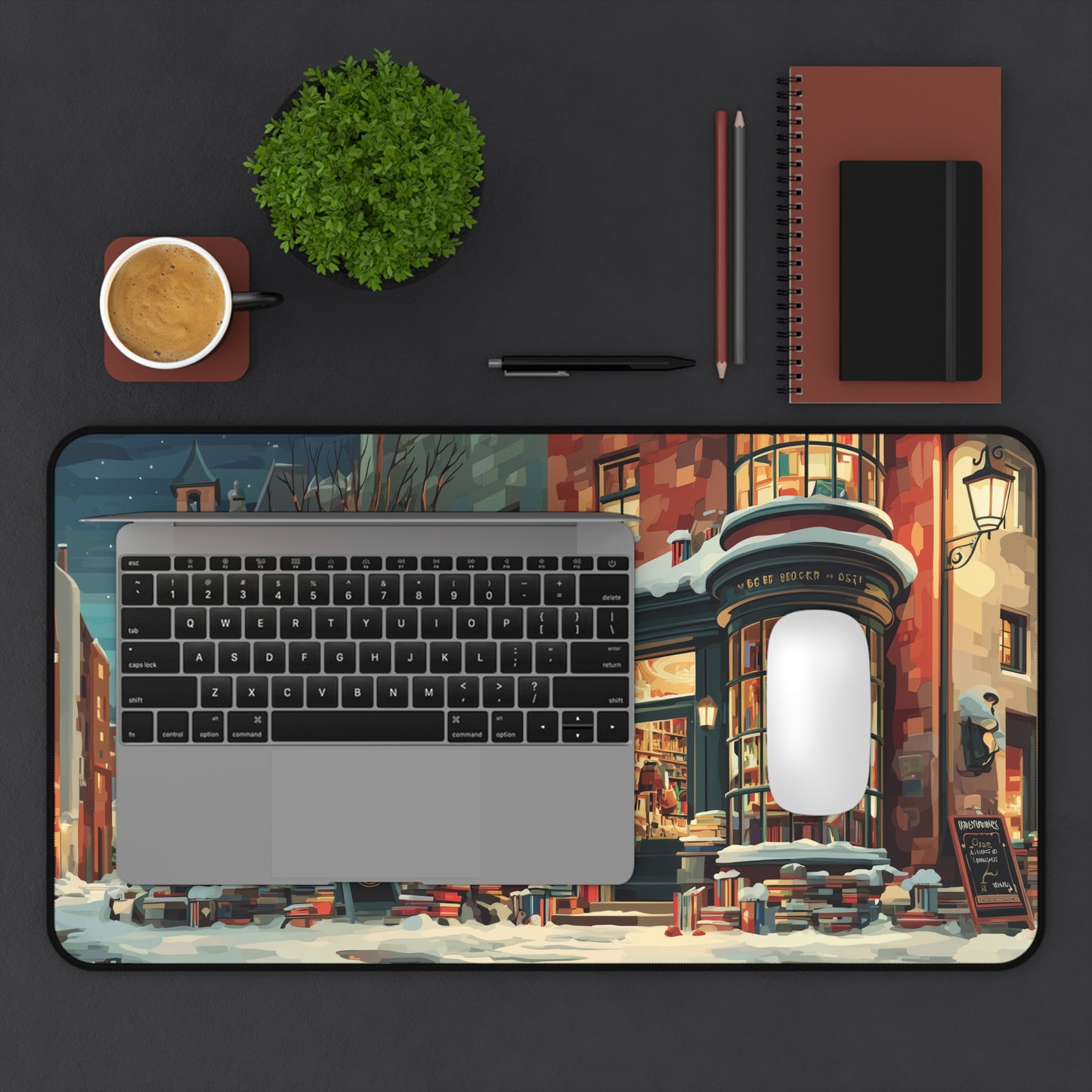 Winter Bookstore Desk Mat, Serene Christmas Desk Pad