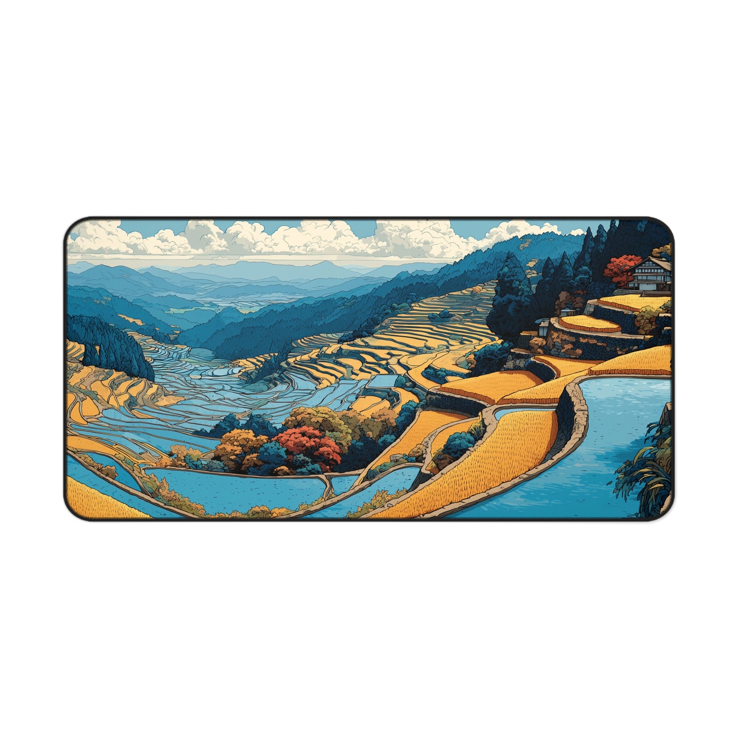 Japanese Desk Mat: Rice Fields Landscape Mouse Pad XL