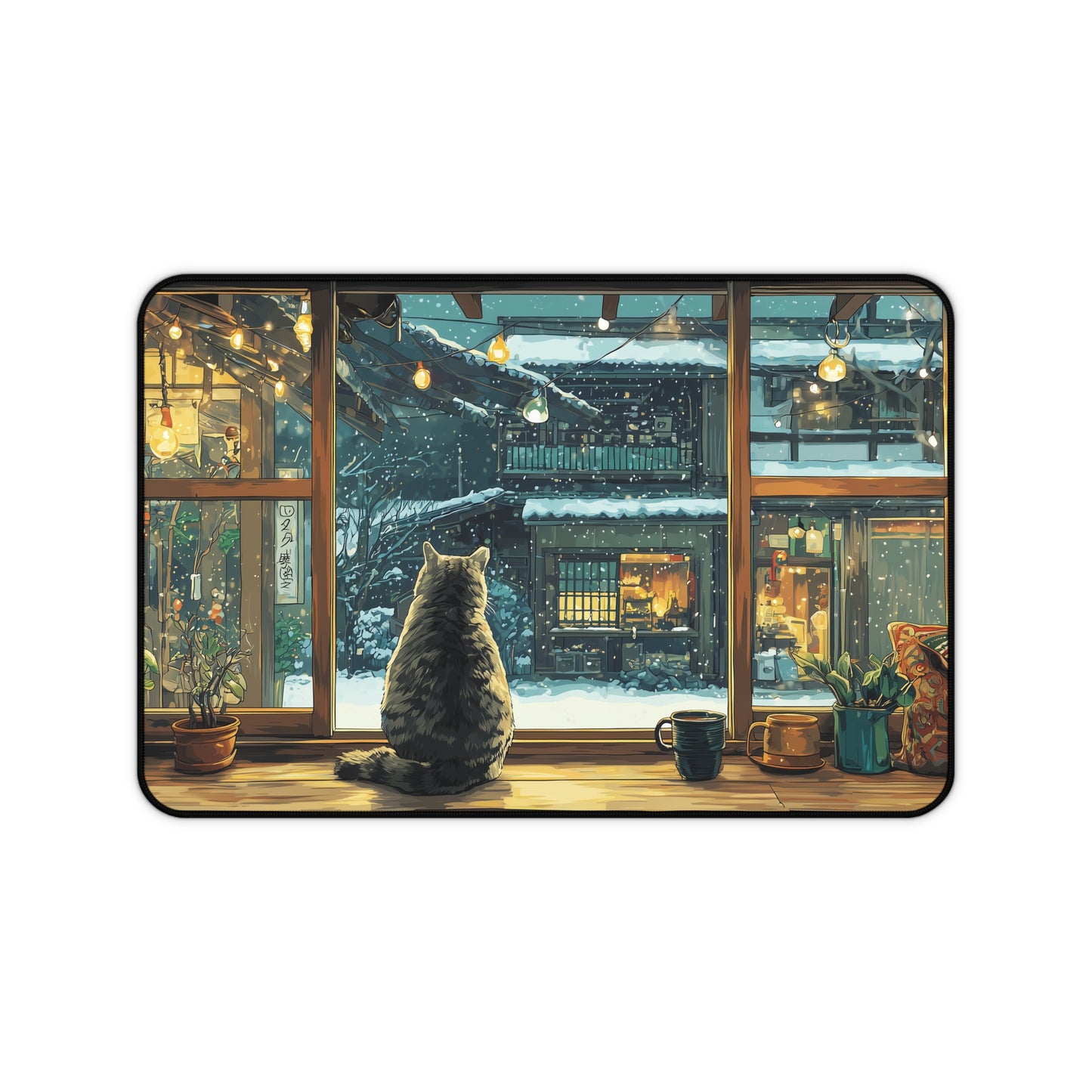 Cozy Cat Desk Mat, Anime Style Snowy Desk Pad for Cat Lovers