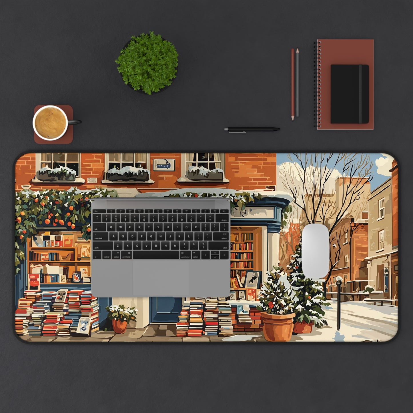 Cozy Winter Bookstore Desk Mat, Christmas Desk Decor