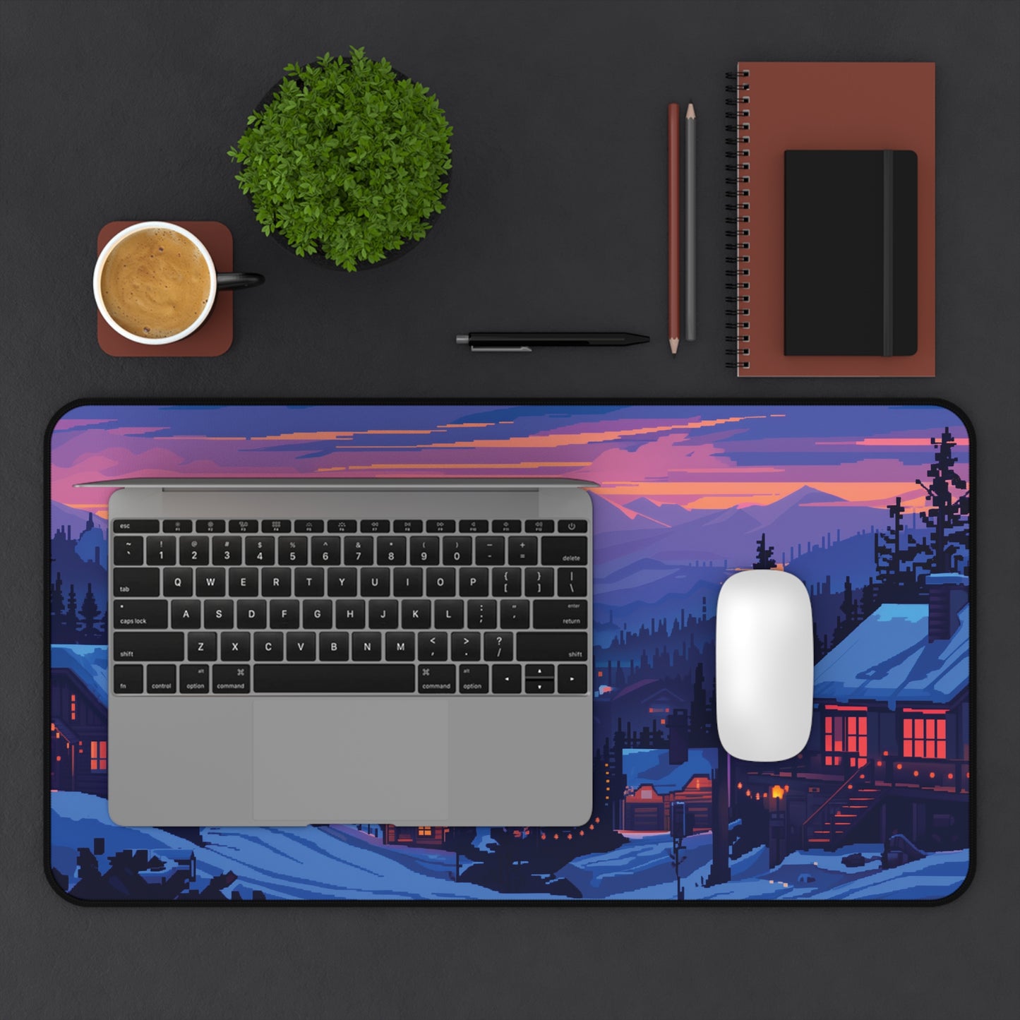 Pixel Art Snowy Mountain Desk Mat, Christmas Office Decor