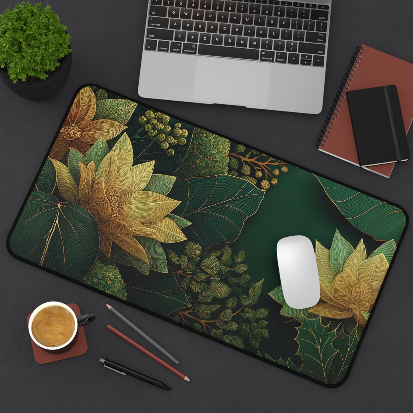 Green Floral Desk Mat for Christmas Office Decor