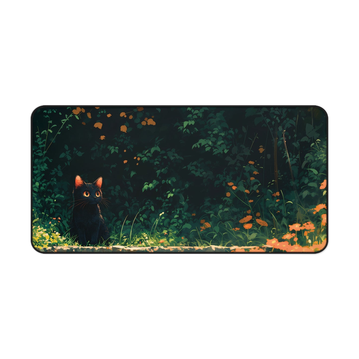 Dark Garden Desk Mat, Black Cat Mouse Pad Lofi, Aesthetic Plants Desk Pad