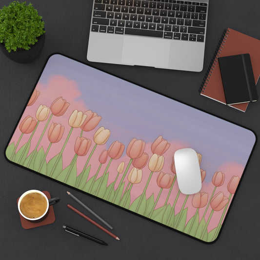 Pink Tulip Desk Mat: Soft Spring Kawaii Mouse Pad