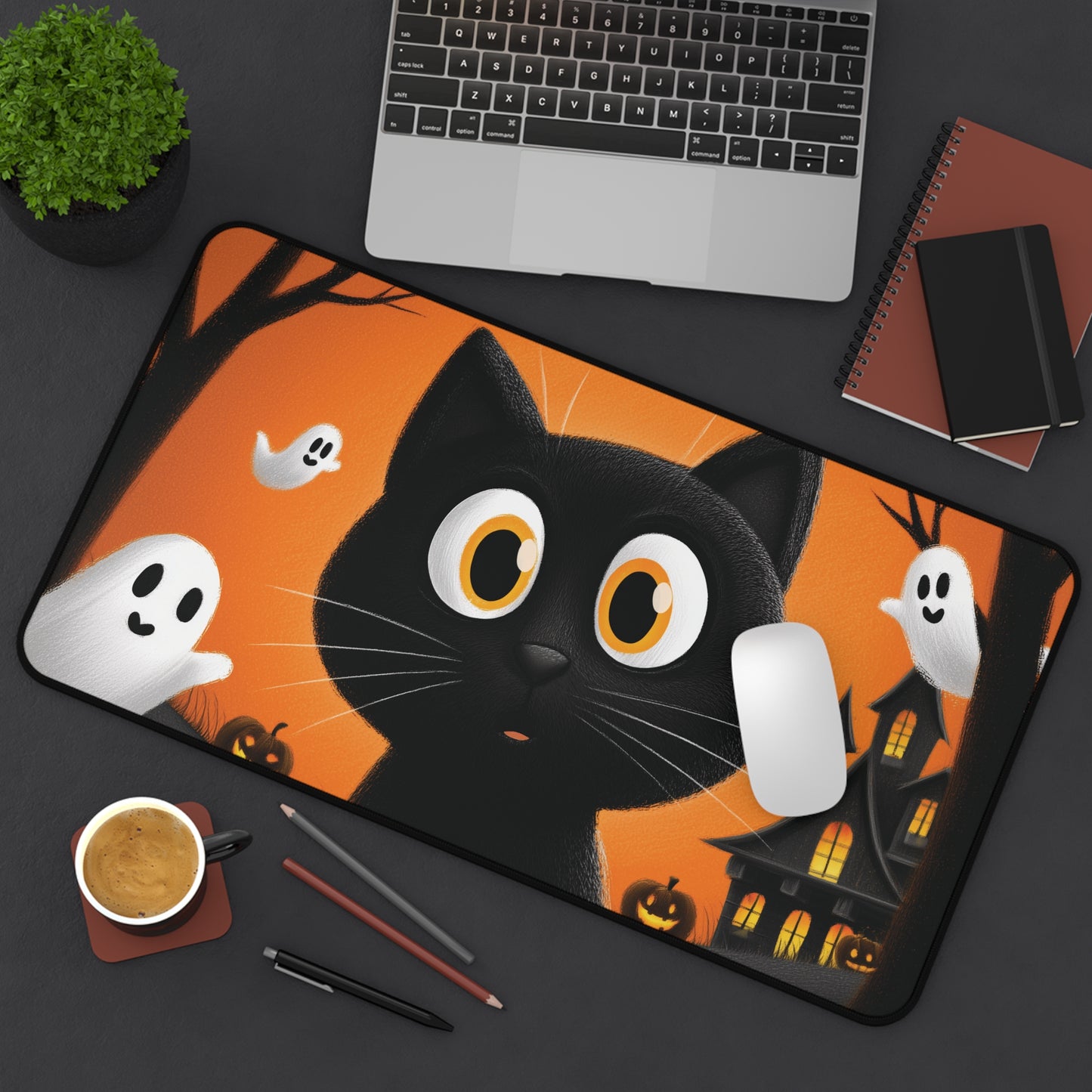 Spooky Black Cat with Ghosts Desk Mat for Halloween