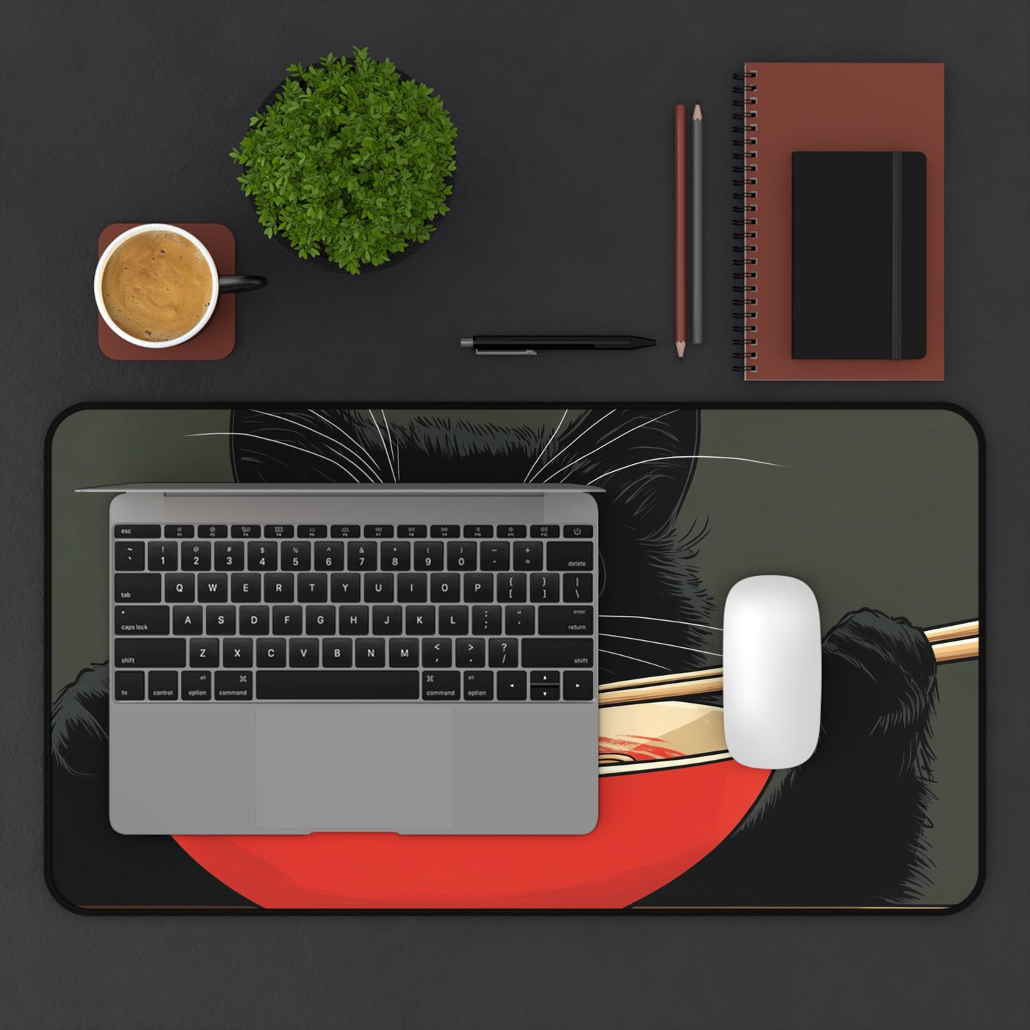 Black Cat Eating Ramen Desk Mat, Anime Mouse Pad for Cat Lovers