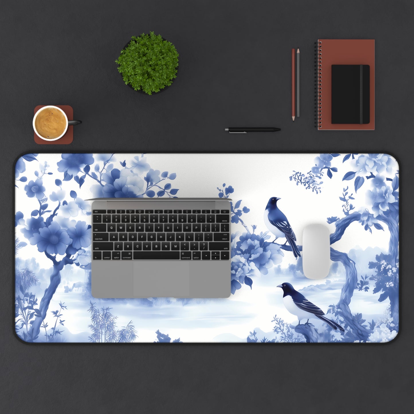 Floral Blue Landscape Chinoiserie Desk Mat