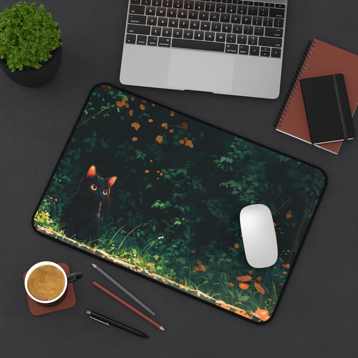 Dark Garden Desk Mat, Black Cat Mouse Pad Lofi, Aesthetic Plants Desk Pad