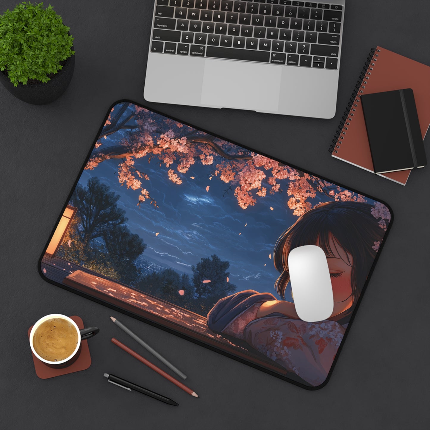 Japanese Girl Desk Mat Anime Style, Cherry Blossom Gaming Mousepad