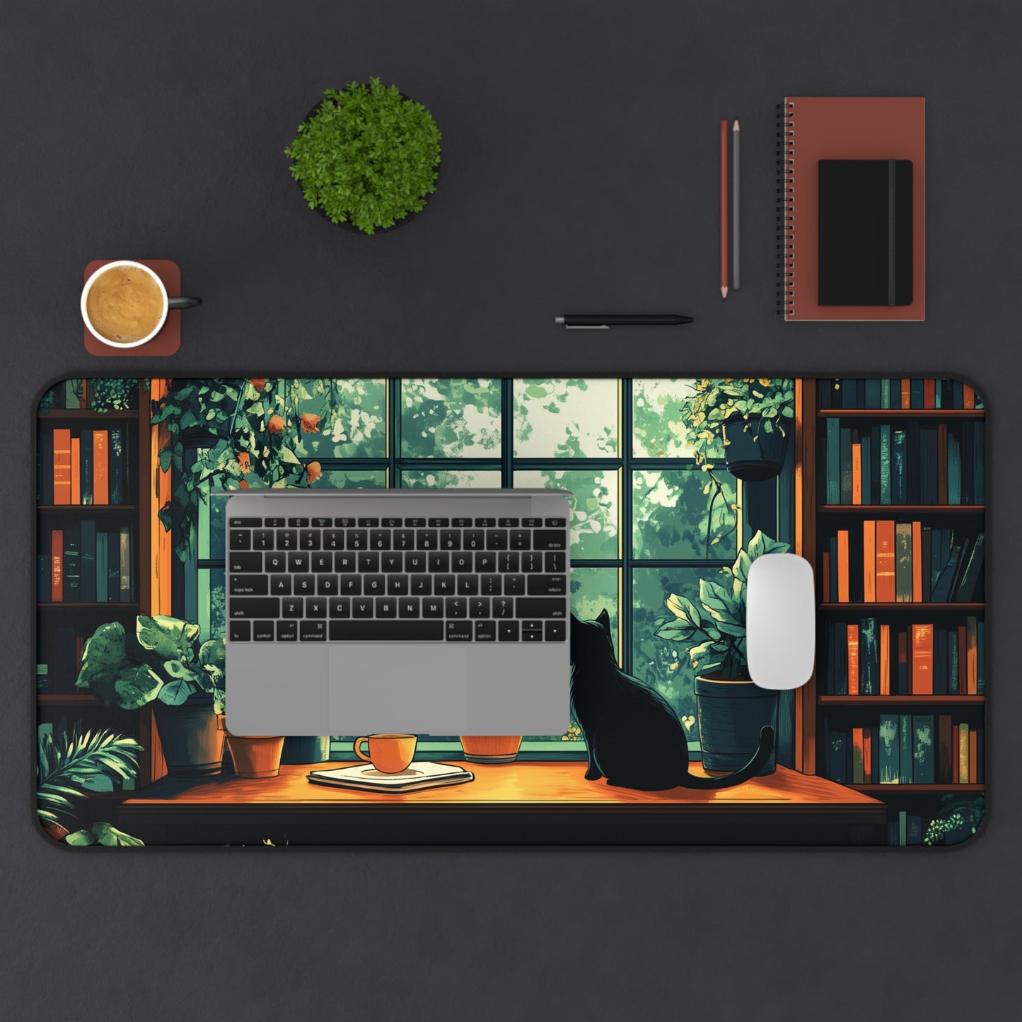 Books Plants and Cat Desk Mat, Cozy Large MousePad for Gaming or Office Decor