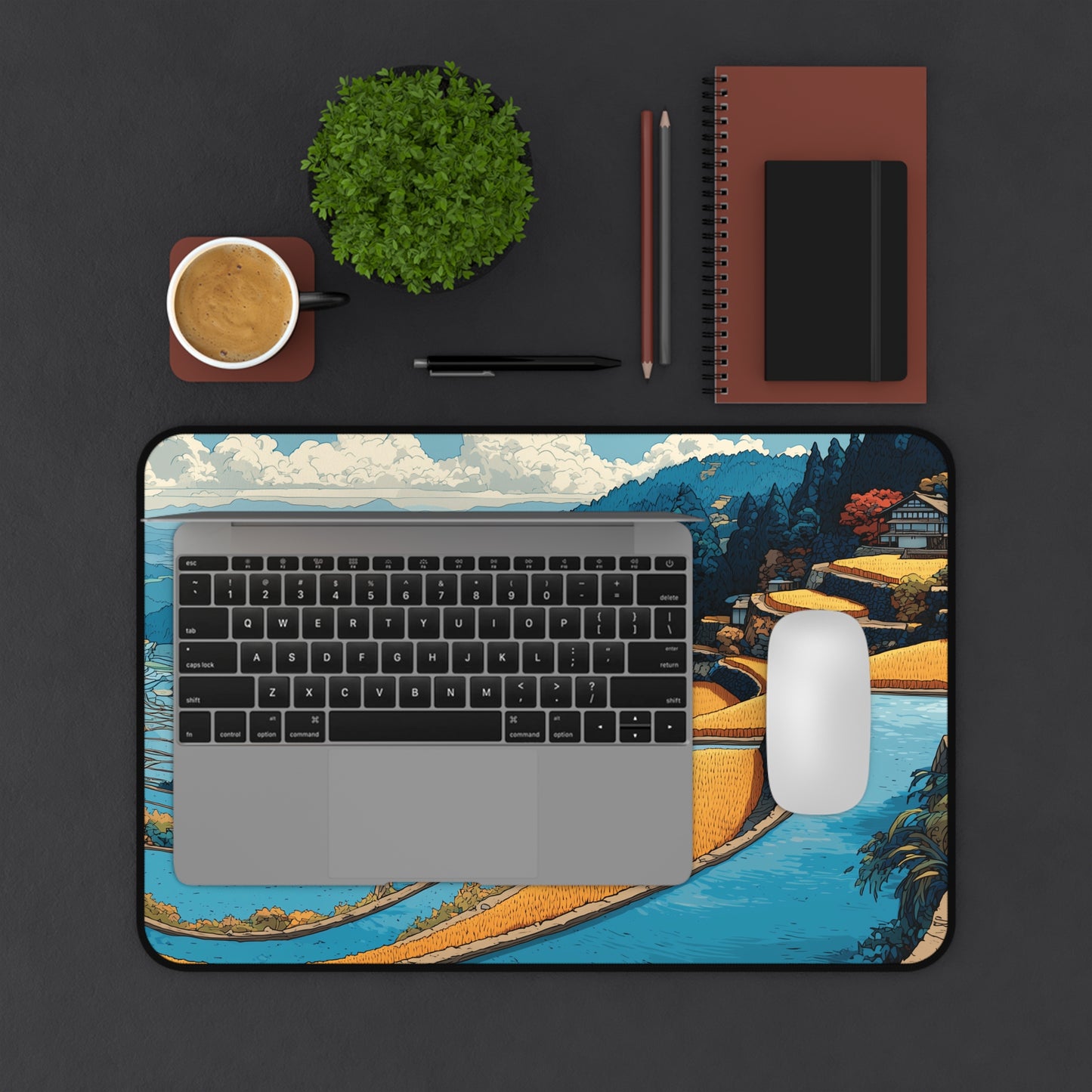 Japanese Desk Mat: Rice Fields Landscape Mouse Pad XL