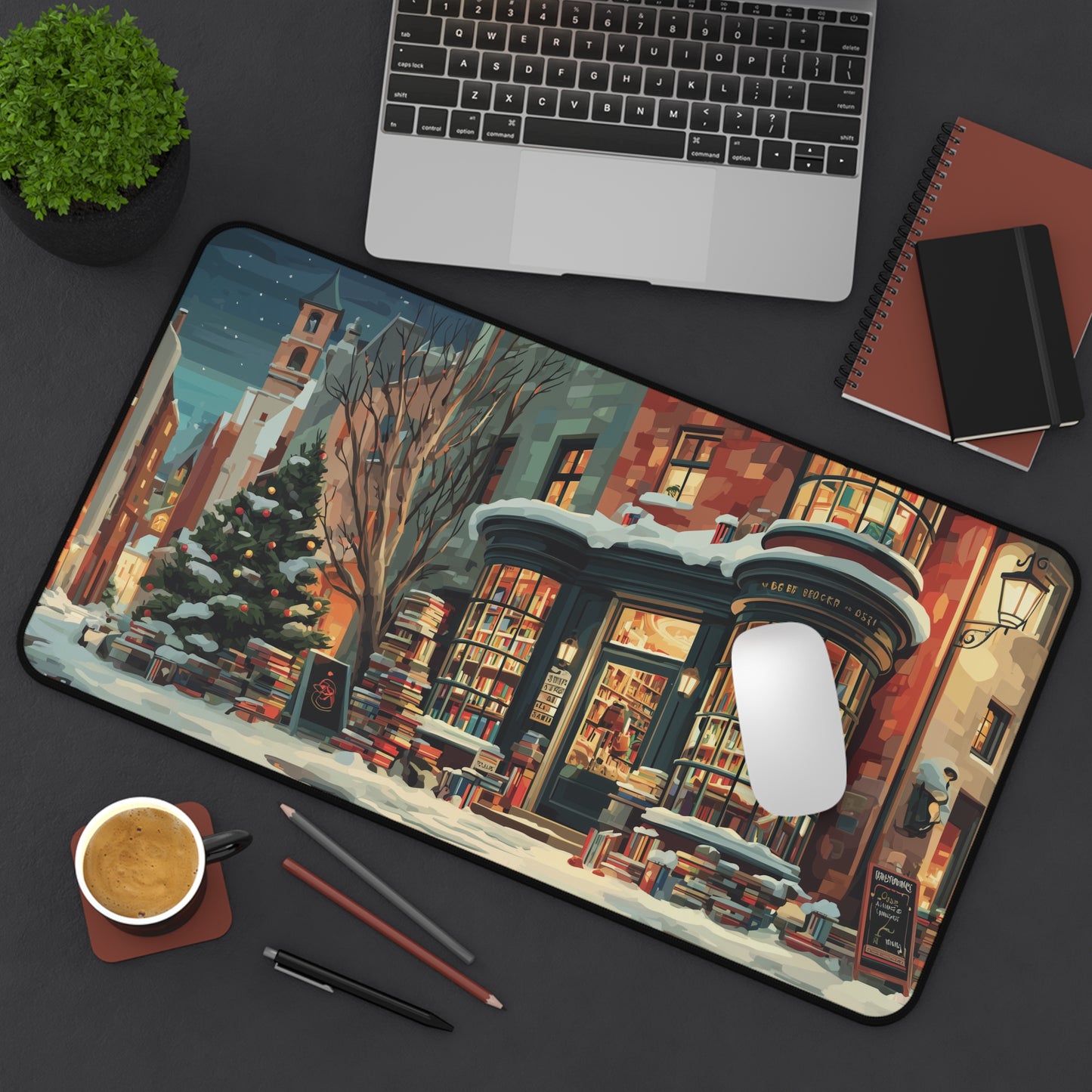Winter Bookstore Desk Mat, Serene Christmas Desk Pad