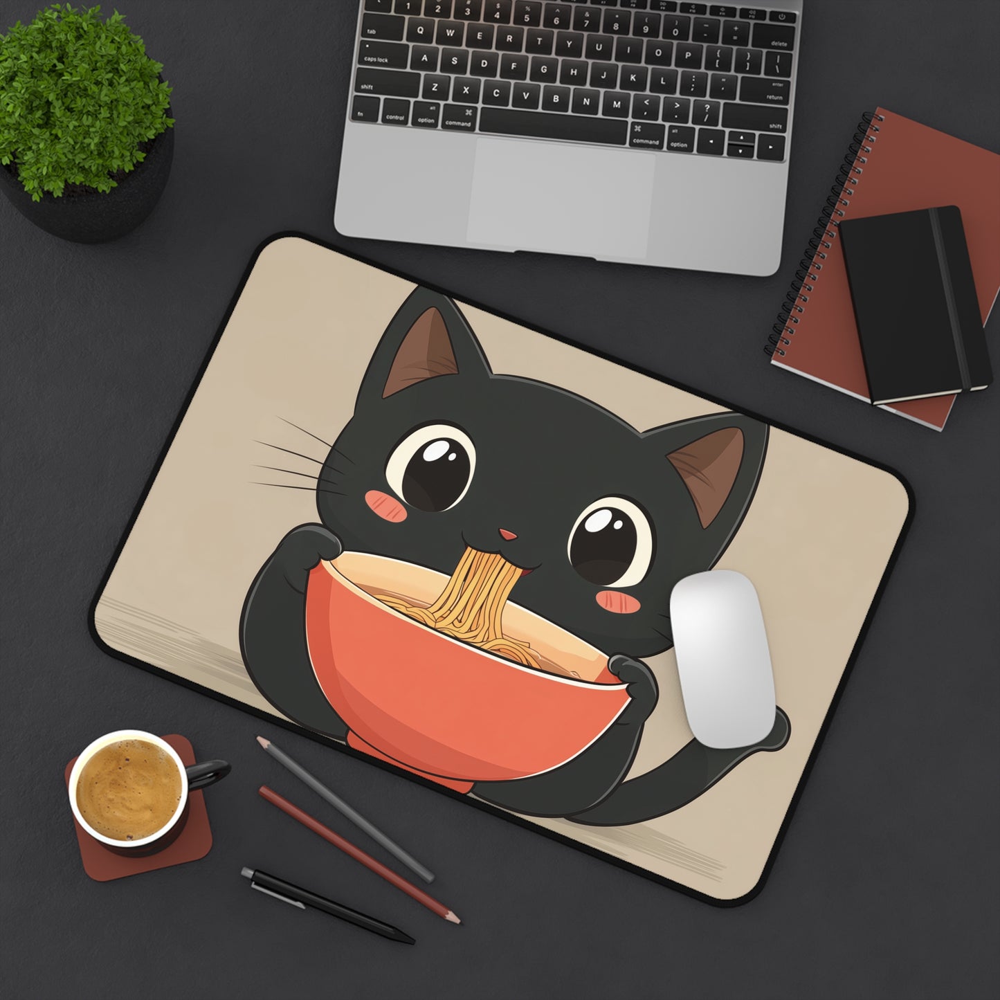 Cute Black Cat Desk Mat, Kawaii Mouse Pad for Cat Lovers, Black Cat Eating Ramen Desk Pad