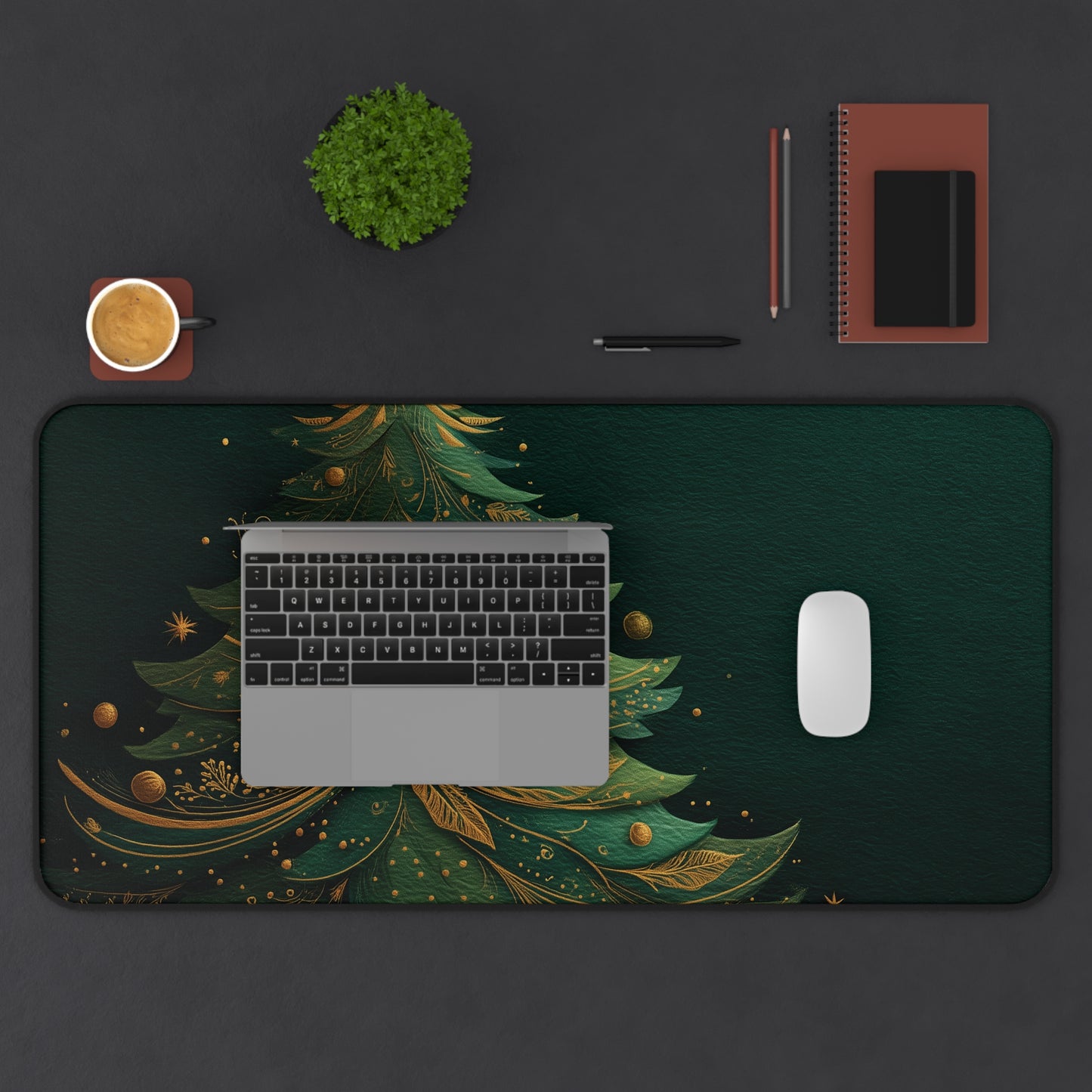 Christmas Tree Desk Mat, Green and Gold Holiday Desk Pad