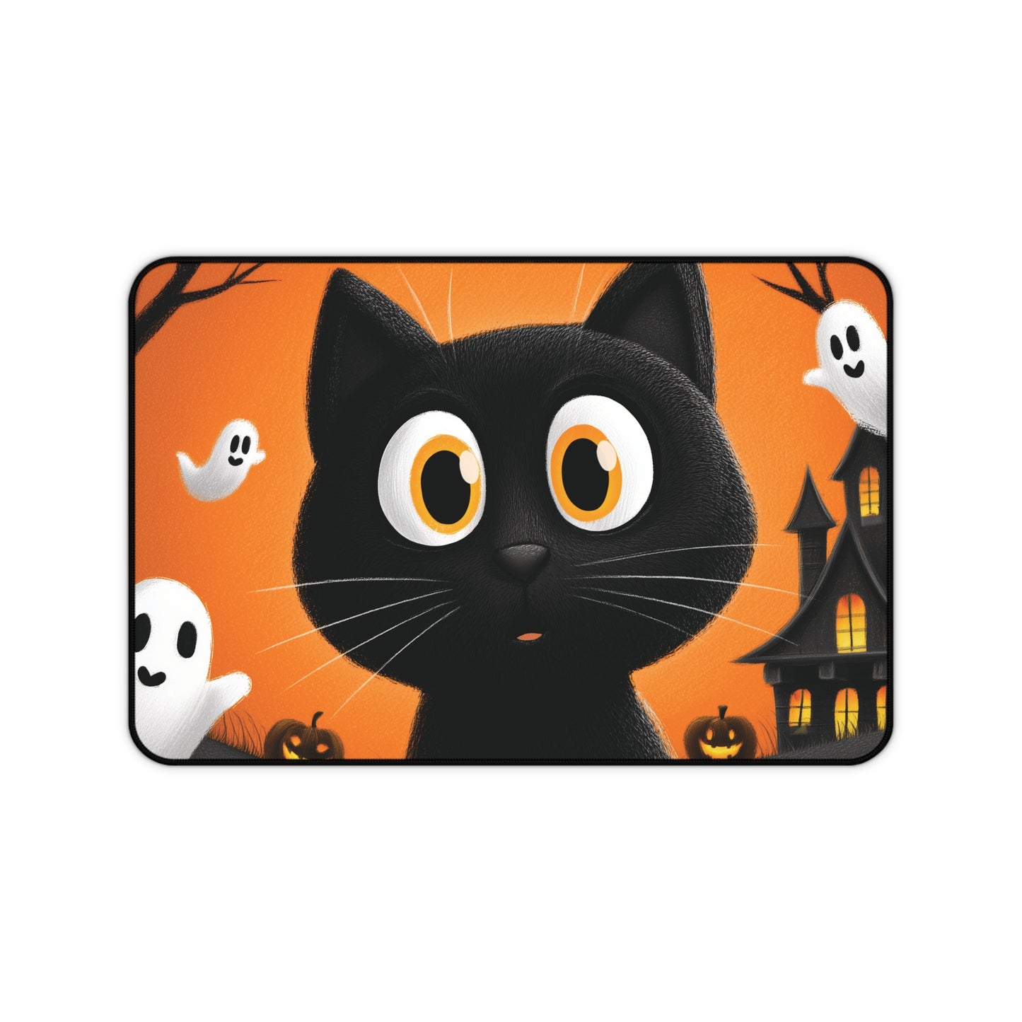 Spooky Black Cat with Ghosts Desk Mat for Halloween