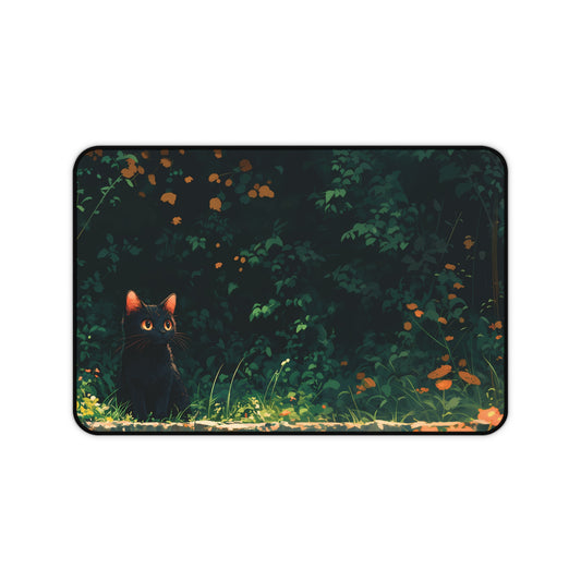 Dark Garden Desk Mat, Black Cat Mouse Pad Lofi, Aesthetic Plants Desk Pad