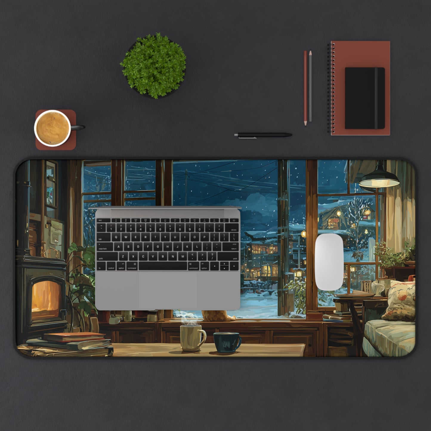 Cozy Winter Cat Desk Pad Anime Style, Christmas Office Decor