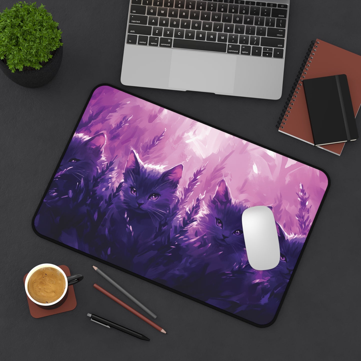 Lavander Cat Desk Mat, Aesthetic Purple Desk Pad, Mouse Pad for Cat Lovers