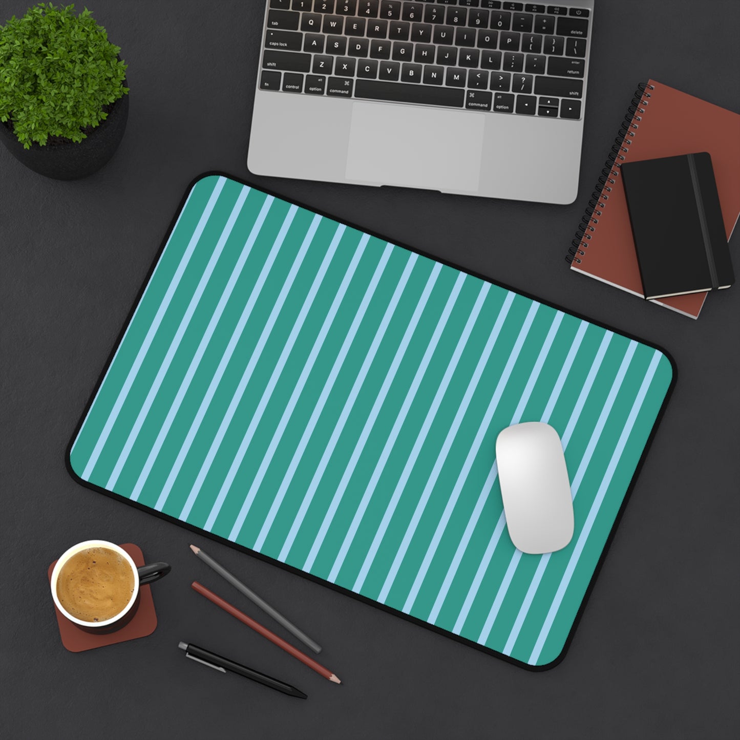 Teal and Light Blue Striped Desk Mat
