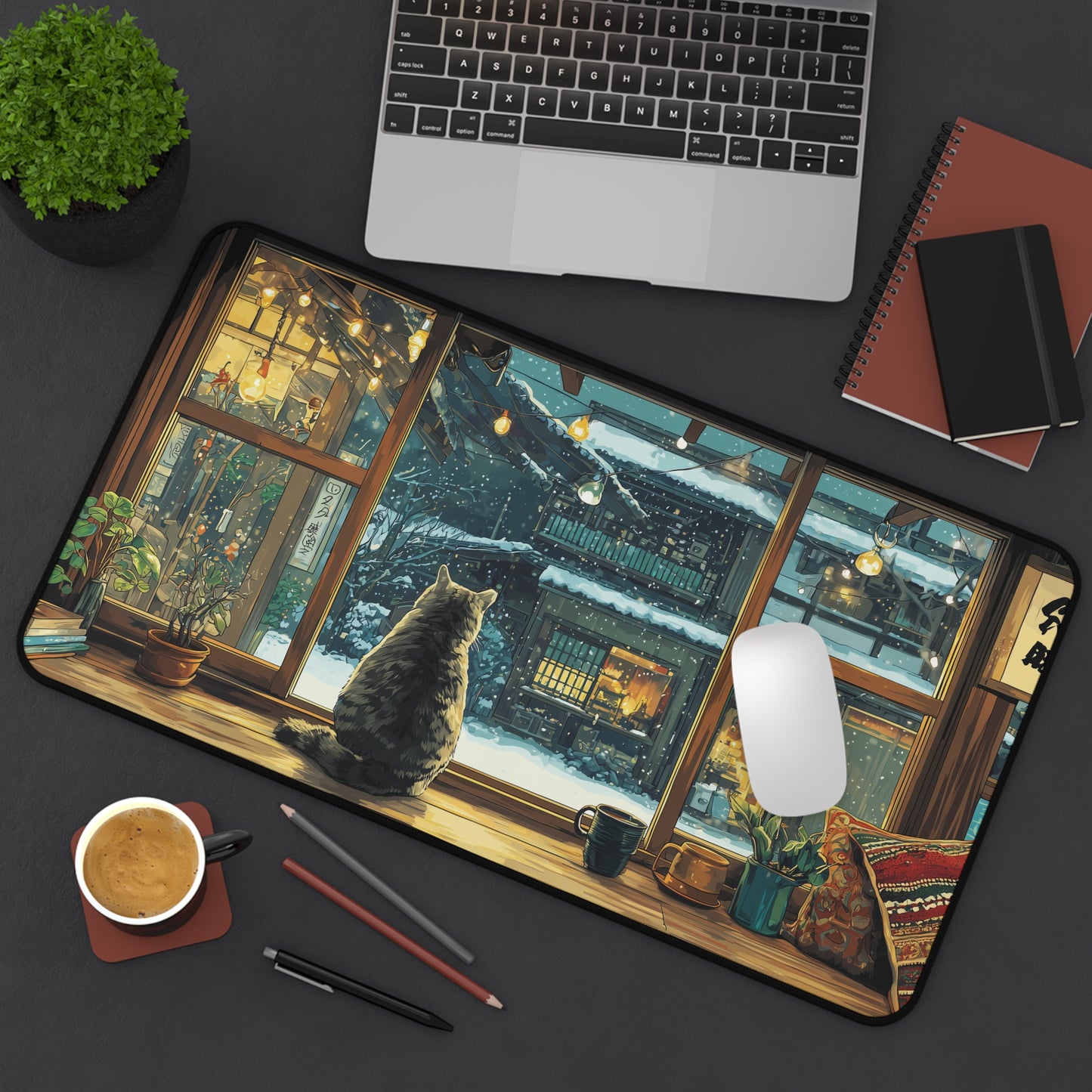 Cozy Cat Desk Mat, Anime Style Snowy Desk Pad for Cat Lovers