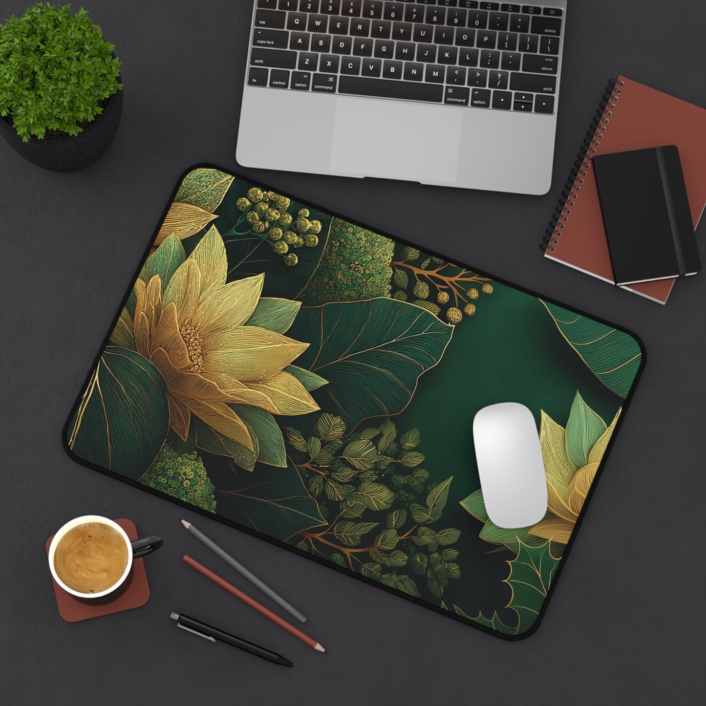 Green Floral Desk Mat for Christmas Office Decor