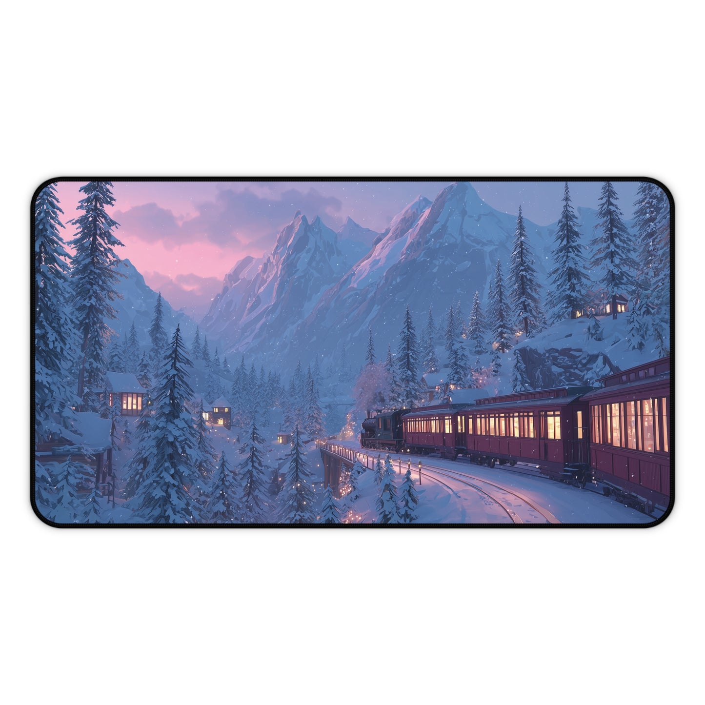 Christmas Winter Landscape Desk Mat, Red Train Desk Pad