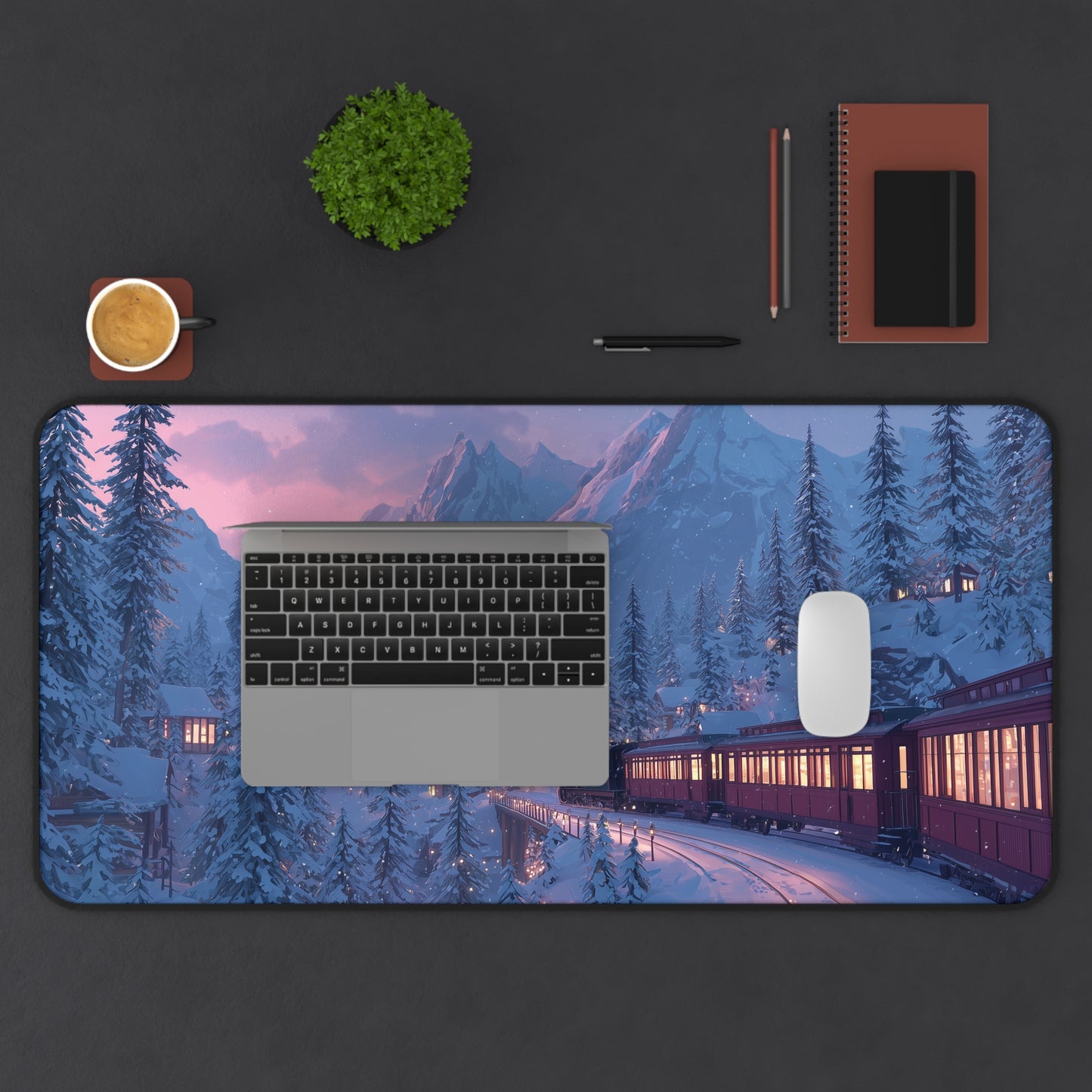 Christmas Winter Landscape Desk Mat, Red Train Desk Pad