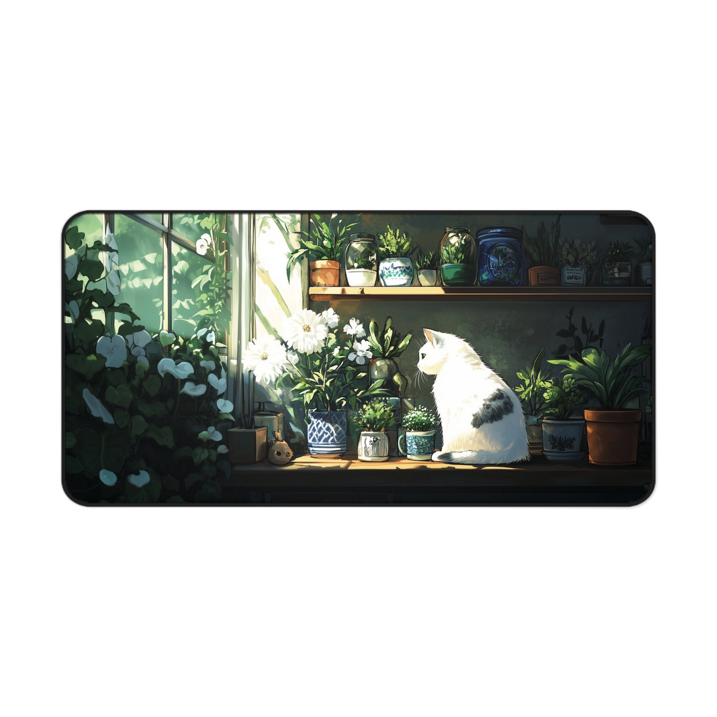 White Cat Desk Mat, Lofi Gaming Mouse Pad XL for Cat Lover