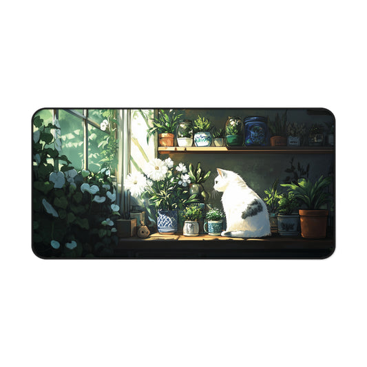 White Cat Desk Mat, Lofi Gaming Mouse Pad XL for Cat Lover