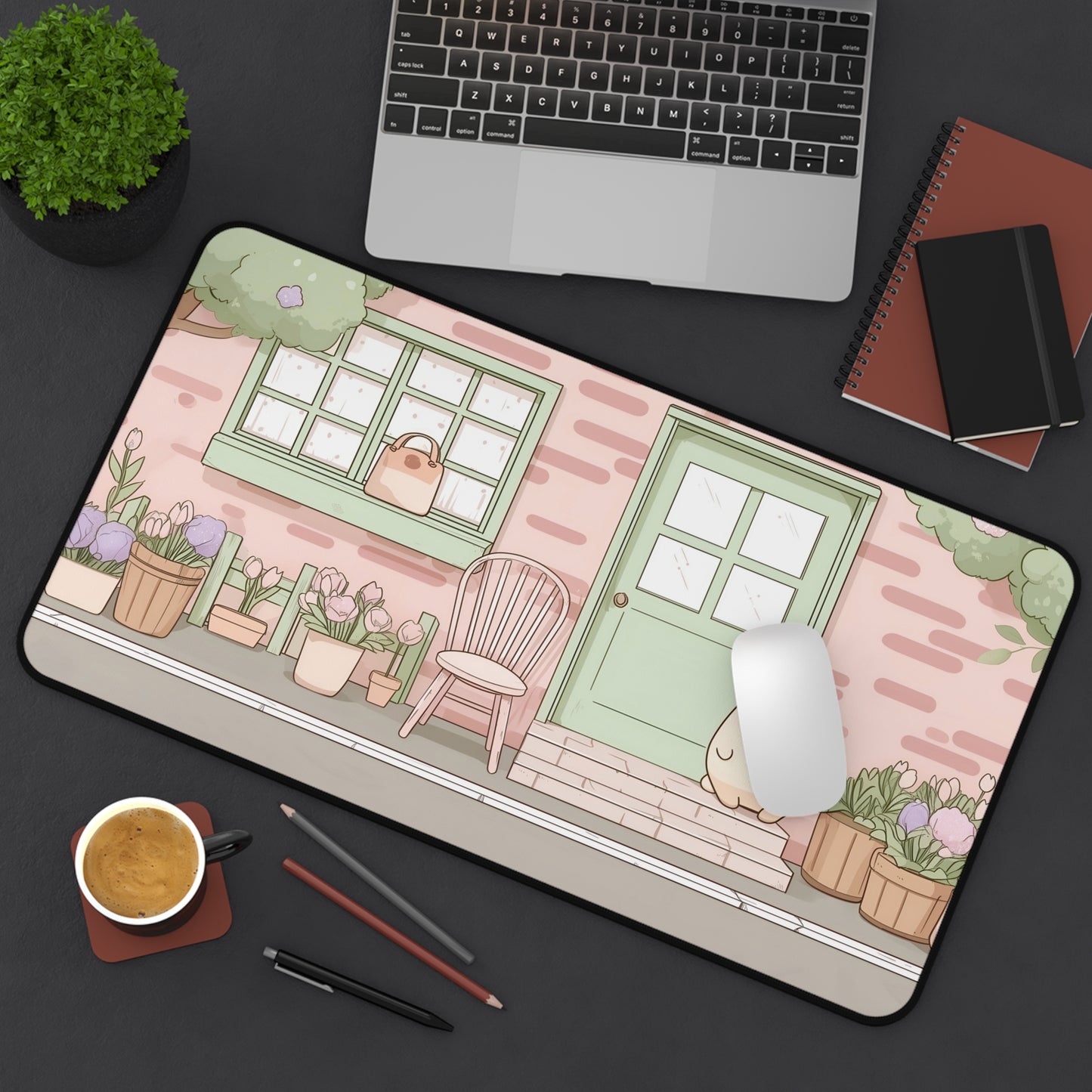 Kawaii Cottage Mouse Pad, Pastel Pink Gaming Desk Mat XL