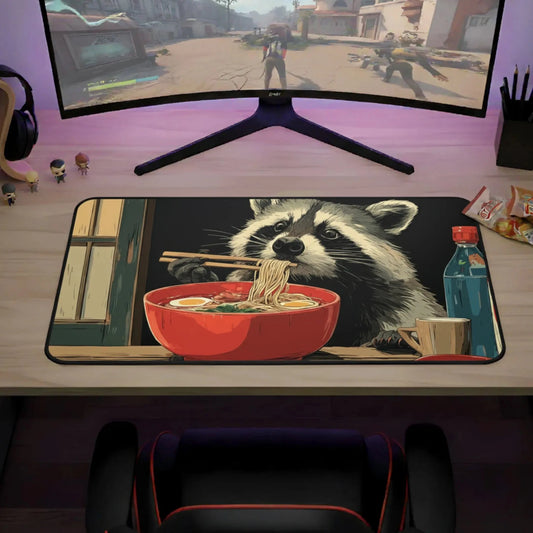 Raccoon ramen desk mat on gaming desk, raccoon and red ramen bowl artwork