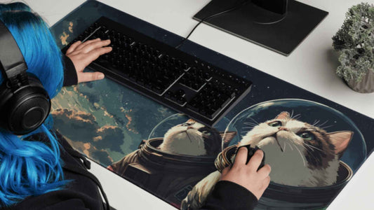 A girl is listening a Spotify Video Gaming Playlist while playing on her pc with a cute cat astronaut desk mat.