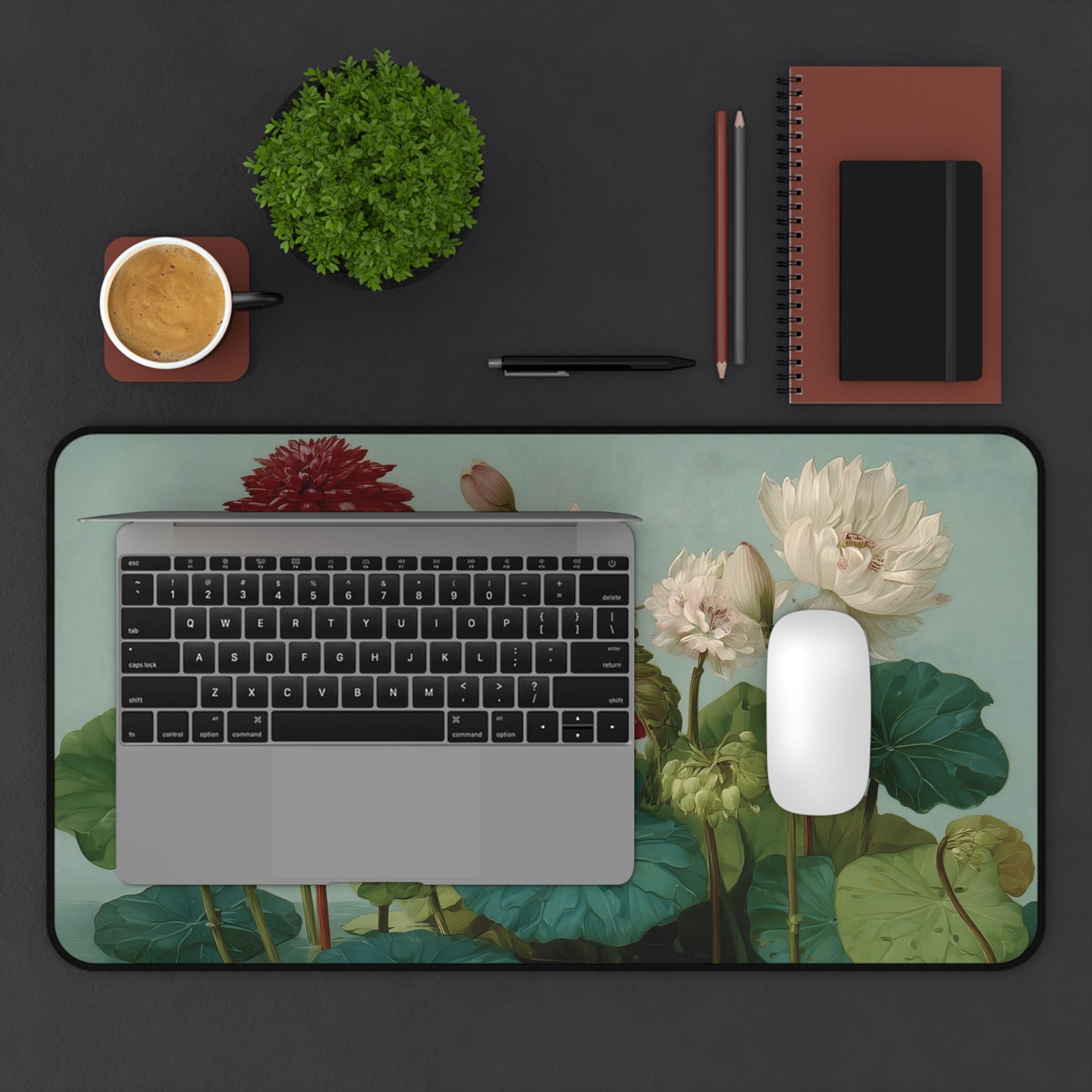 Lotus & Dahlia Desk Mat: Vintage Botanical Painting Mouse Pad XL