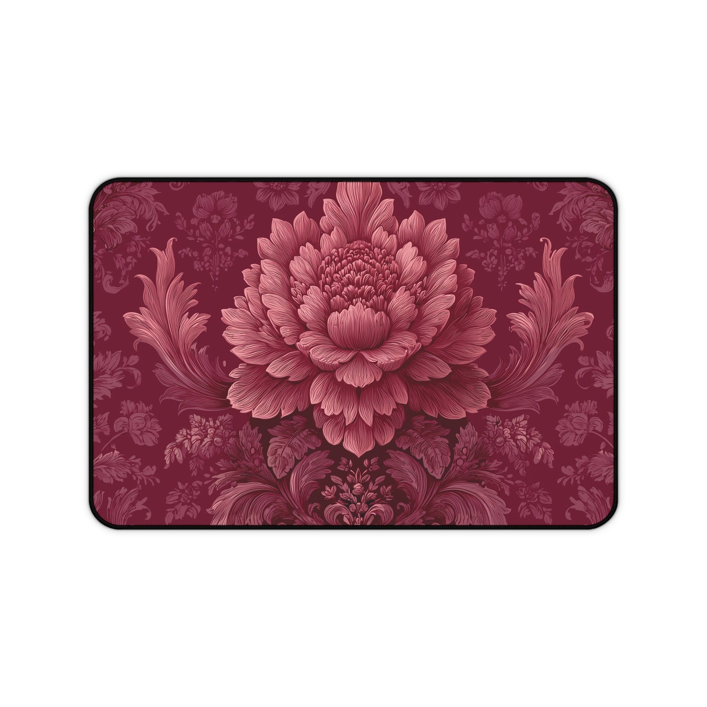 Burgundy Peony Desk Mat: Baroque Damask Floral Design