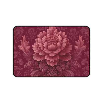 Burgundy Peony Desk Mat: Baroque Damask Floral Design