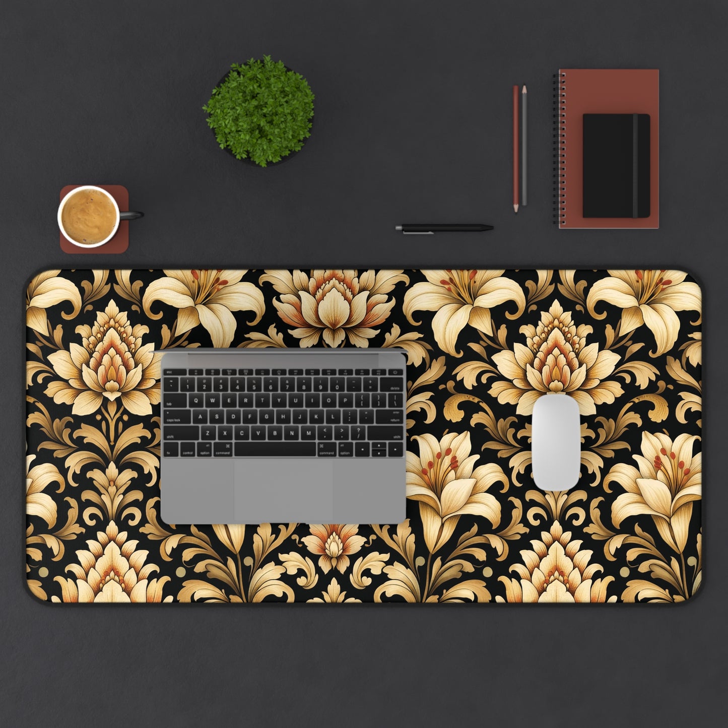 Black & Gold Desk Mat: Luxury Damask Mouse Pad
