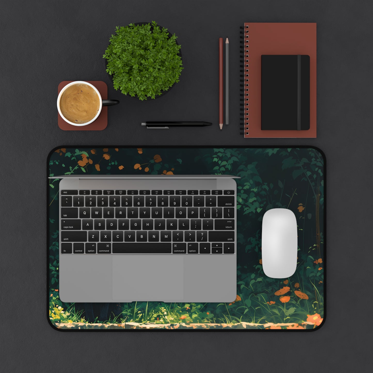 Dark Garden Desk Mat, Black Cat Mouse Pad Lofi, Aesthetic Plants Desk Pad