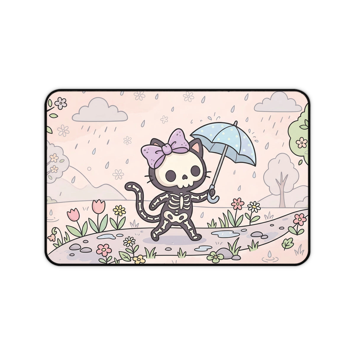 Skeleton cat desk mat featuring umbrella cat, rain clouds, and garden flowers on light background