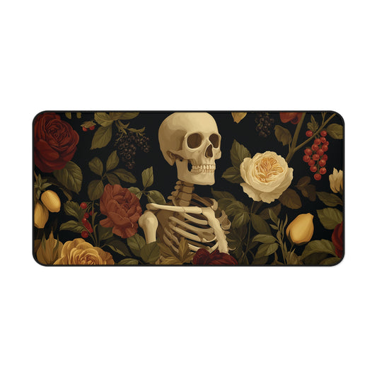 Rectangular desk mat with skeleton ribs and skull amid roses and botanical leaves