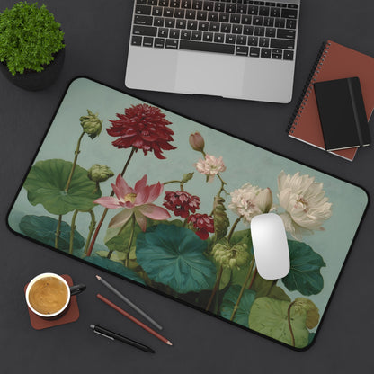 Lotus & Dahlia Desk Mat: Vintage Botanical Painting Mouse Pad XL