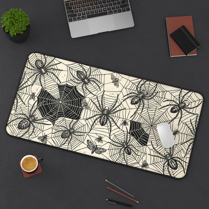 Spider web desk mat with vintage spider and web design, rounded corners, black trim