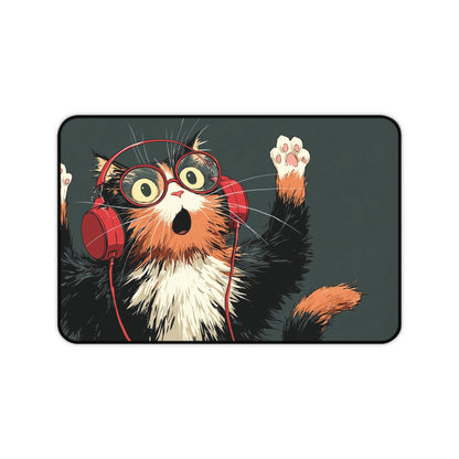 Cat with Headphones Desk Mat: Funny Calico Cat Mouse Pad
