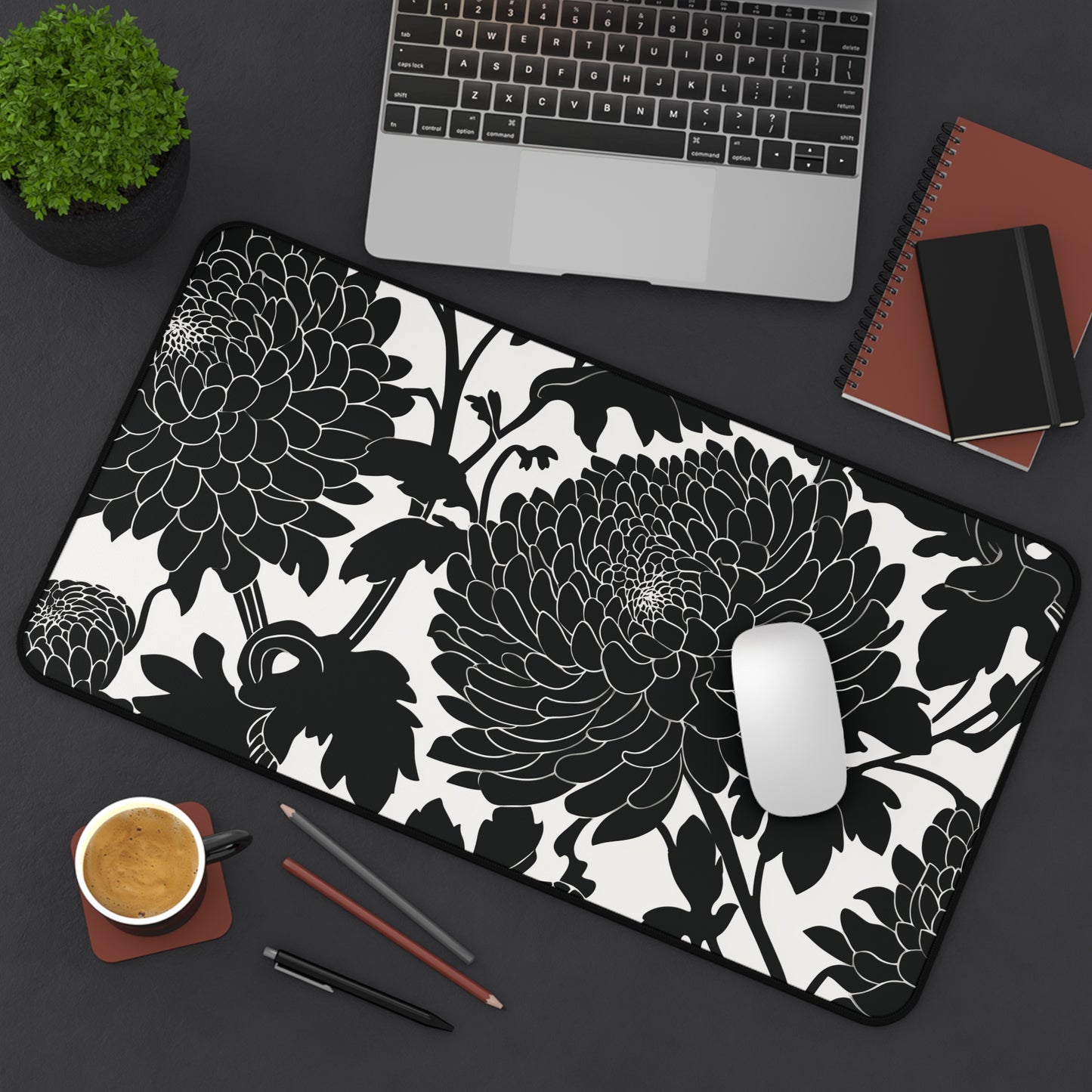 Japanese Chrysanthemum Desk Mat: Elegant Black & White Floral Mouse Pad