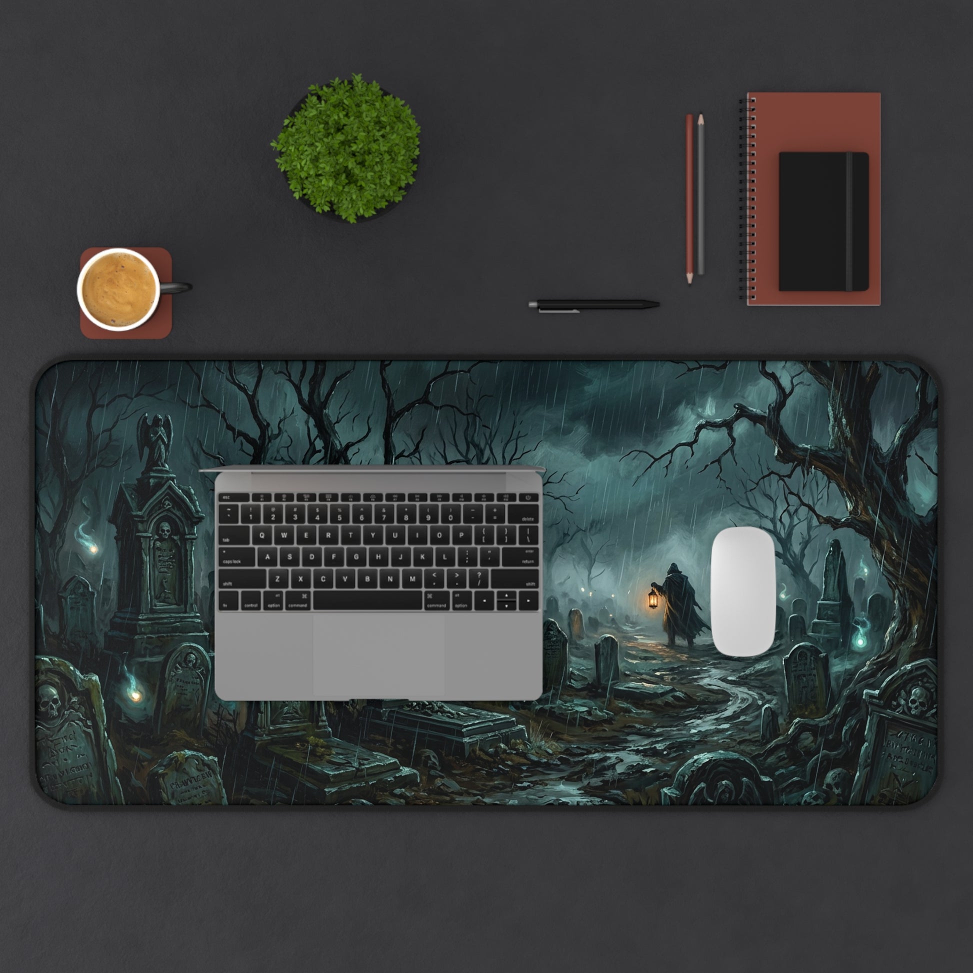 Large desk mat with gothic cemetery artwork, keyboard and mouse cutouts, teal night lighting