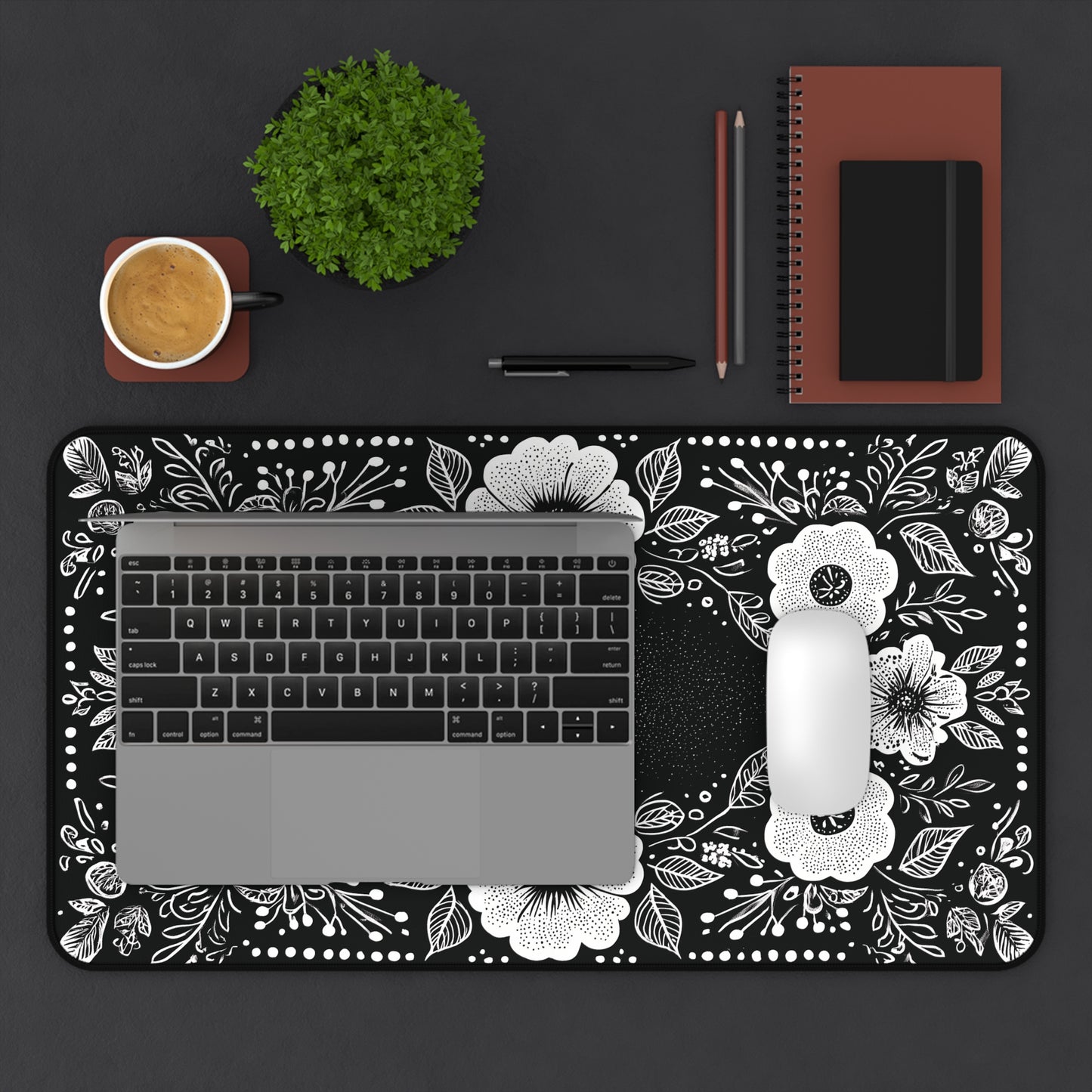 Black & White Floral Desk Mat: Hand-Drawn Botanical Mouse Pad