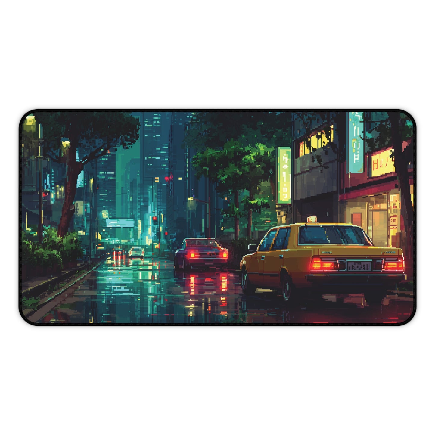 Pixel Art Desk Mat: Rainy Neon City Mouse Pad