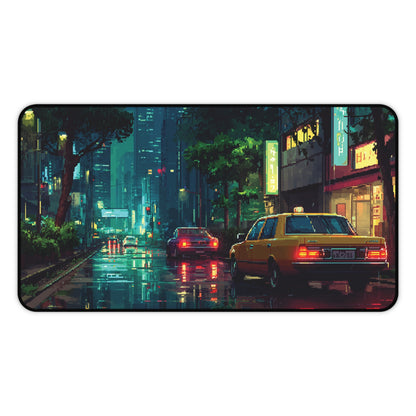 Pixel Art Desk Mat: Rainy Neon City Mouse Pad