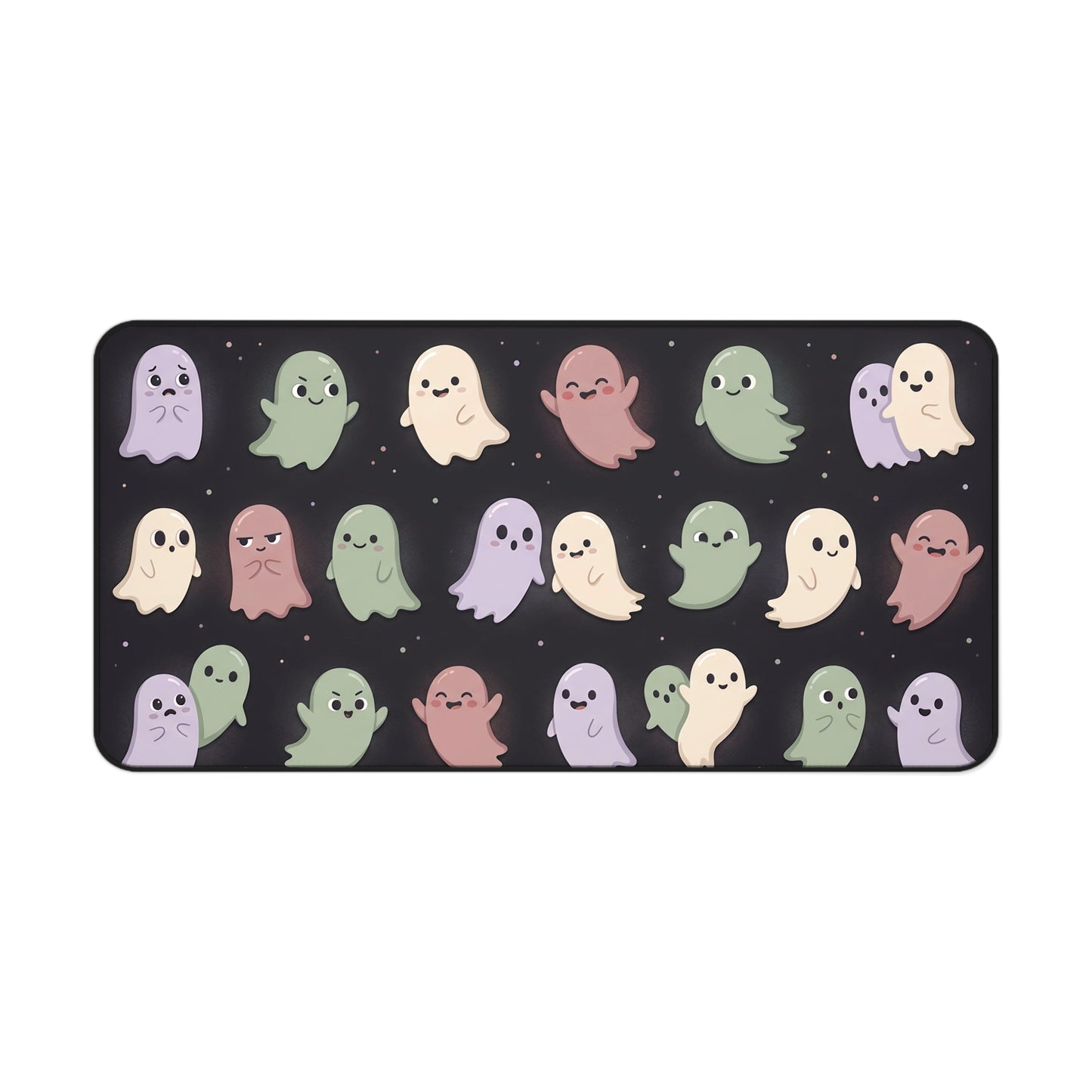 Pastel ghost print desk mat with rounded corners on dark base
