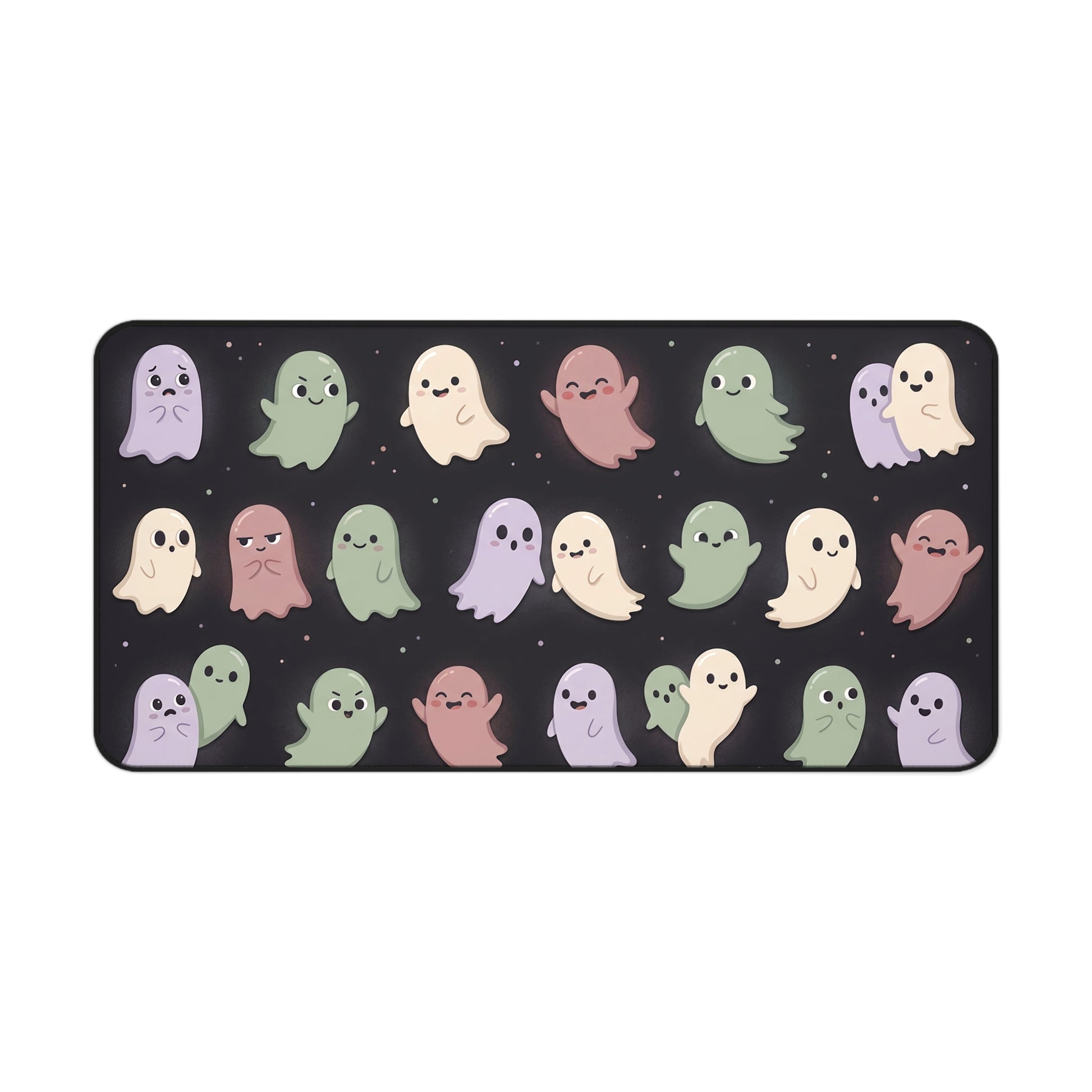 Pastel ghost print desk mat with rounded corners on dark base
