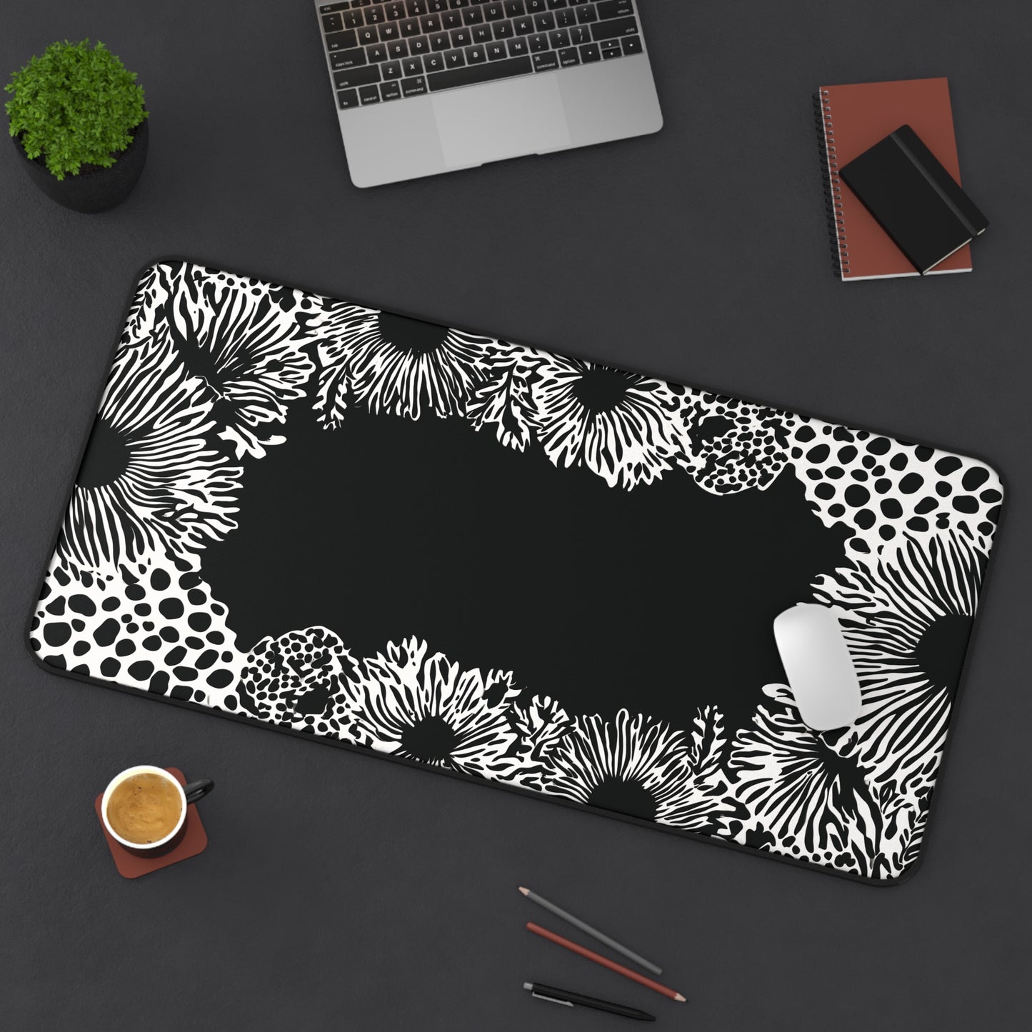 Abstract Flower Desk Mat: Modern Black & White Design